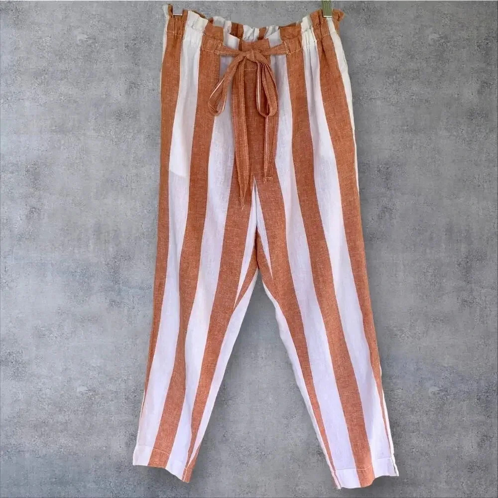 BeachLunchLounge Linen Blend Lagenlook Paperbag Pants Size S Brown White Stripes